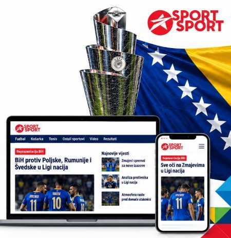 Liga nacija, zastava Bosne i Hercegovine i SportSport.ba na desktop i mobilnom uređaju